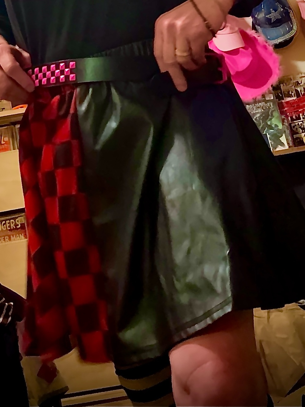 Source Unknown Red & Black Checkerboard Faux Leather Mini Skirt